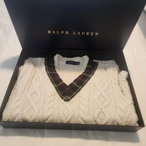 Ralph Lauren Men's V-Neck Sweater - Cream with Plaid Trim